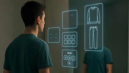 Virtual Fitting Room with Holographic Clothing Interface in Front of Mirror
