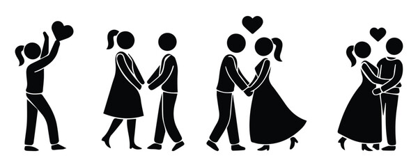 Love Pictograms of Couples Holding Hands and Embracing Under Heart Symbols – Vector Illustration