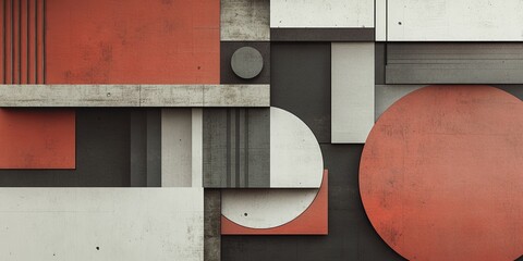 overlapping geometric shapes in muted tones, clean lines and sharp angles forming a balanced composition