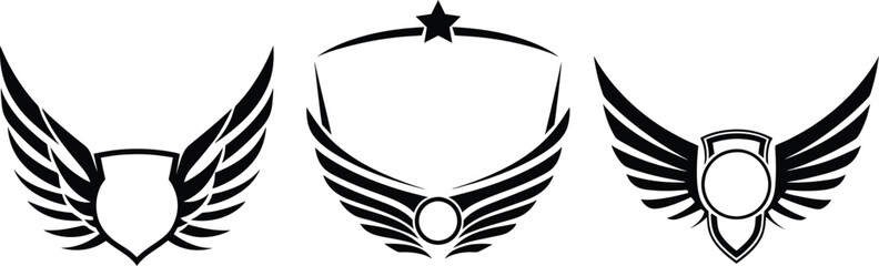 Set of three black and white winged emblem designs for logos or decorative elements. shields, ribbons.