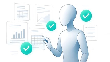 Abstract AI Humanoid Reviewing Financial Documents with Verified Data Overlays