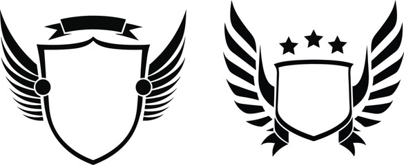 Elegant heraldic emblem designs featuring wings, shields, ribbons, and stars in a bold black and white style.