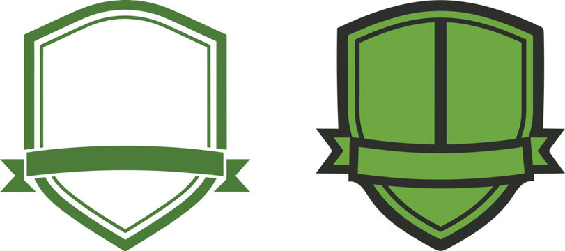 Two green shield emblems with ribbon design for branding and logo applications.