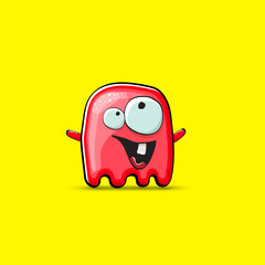 Funny cute smiling red ghost monster isolated on yellow background. Hand drawn cartoon red ghost character with eyes and mouth , cute emoji. Funky Halloween spirit element.