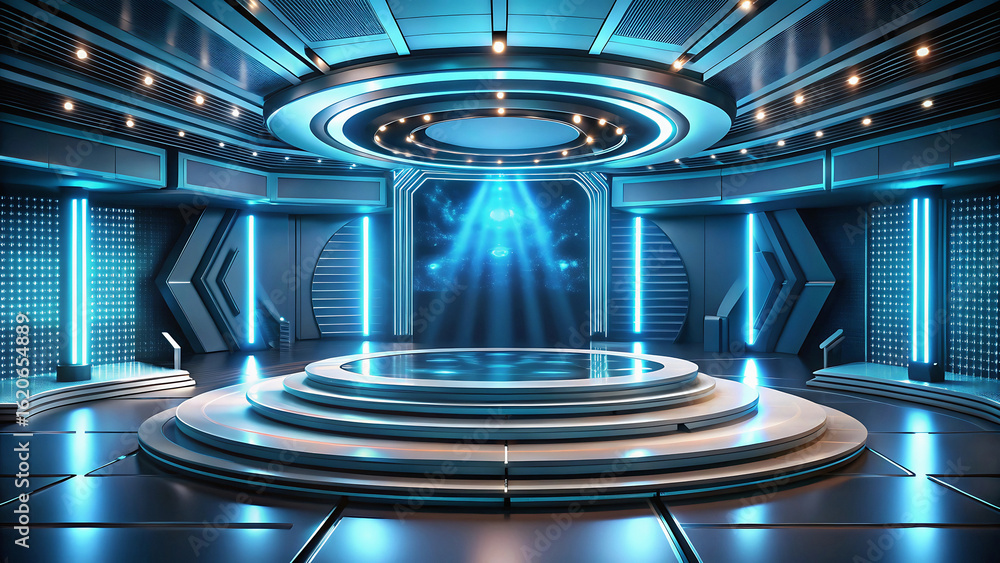 Poster futuristic stage with blue lighting and circular platform in a modern studio setting design style