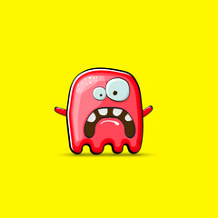 Funny cute smiling red ghost monster isolated on yellow background. Hand drawn cartoon red ghost character with eyes and mouth , cute emoji. Funky Halloween spirit element.