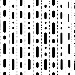 Abstract vertical pattern featuring black capsules and dotted lines on a white background repeats
