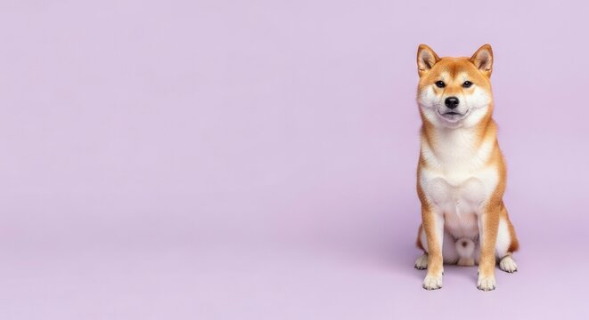 Shiba Inu dog sitting centered on a purple background looking directly at the viewer
