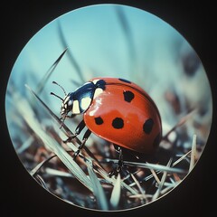 Ladybug resting on grass in a circular frame.