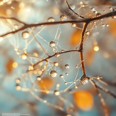 Delicate branches adorned with sparkling water droplets and soft bokeh.