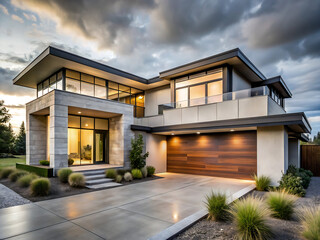 Fototapeta premium Modern house exterior with contemporary design, luxury home with driveway and garden view