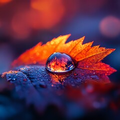 A dewdrop reflects colorful leaves in a serene, nature-inspired setting.