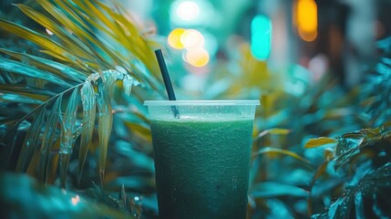 Green smoothie in plastic cup, tropical foliage