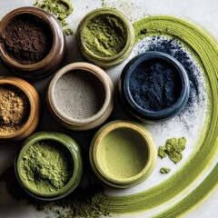Assorted natural powders in small ceramic containers