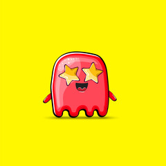 Funny cute smiling red ghost monster isolated on yellow background. Hand drawn cartoon red ghost character with eyes and mouth , cute emoji. Funky Halloween spirit element.