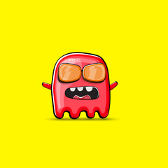 Funny cute smiling red ghost monster isolated on yellow background. Hand drawn cartoon red ghost character with eyes and mouth , cute emoji. Funky Halloween spirit element.