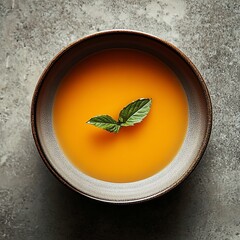 A bowl of orange soup garnished with a mint leaf.