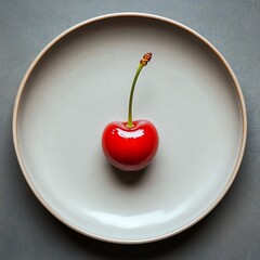 Single red cherry on a plain white plate.