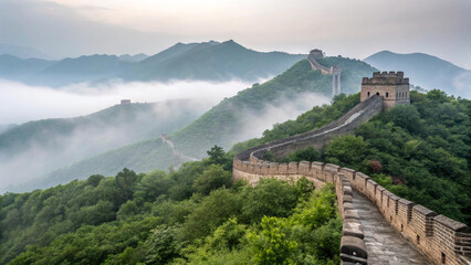 Machu Picchu in Peru surrounded by misty mountains and green terraces.