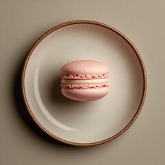 Delicate pink macaron on a neutral plate.
