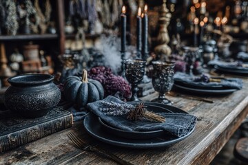 A moody and elegant Halloween table setting with black candles, pumpkins, and antique glassware, decorated with dried lavender and star anise on a rustic wood table.