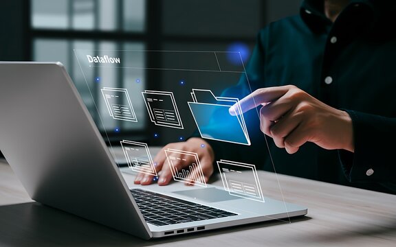 Person interacting with futuristic digital data interface on laptop screen technology