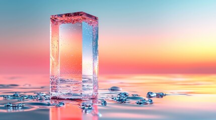 Ice block on water, sunset hues