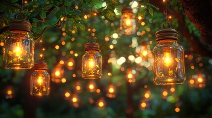 Illuminated mason jars hang from branches, warm glow in garden setting