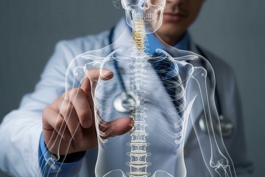 A physician is analyzing a patients skeletal structure using a virtual interface - Powered by Adobe