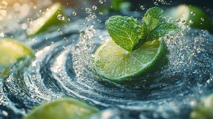 Lime slices in water, splashing, fresh mint