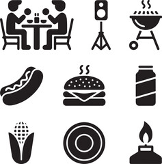 Backyard BBQ and Picnic Activities Solid Icon Pack — Friends Eating, Music, Lawn Chair, Grill, and Food Items