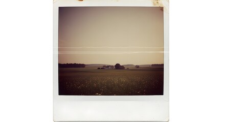 Vintage Polaroid Landscape: Field, Houses, and Cloudy Sky. Nostalgic Aesthetic.