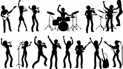 Silhouette image showing a music band performing on stage with various instruments and enthusiastic audience | editable eps vectors