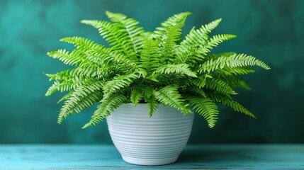 Lush fern in white pot against teal backdrop