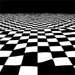 Naklejka premium Perspective view of a wavy checkerboard pattern with black and white squares under a dark background