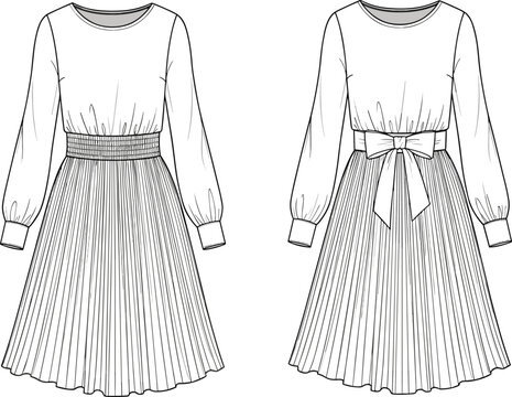  Elegant Long Sleeve Pleated Dress for Special Occasions, Featuring a Smocked Waist and Tie-Back Detail - Essential Fashion Vector for Adobe Stock.