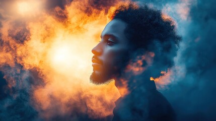 Man in profile,  fiery clouds,  dramatic lighting