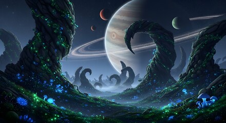 Ethereal Alien Landscape: Bio-luminescent Flora Under a Ringed Planet