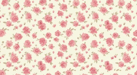 Seamless pattern of scattered pink roses on cream background