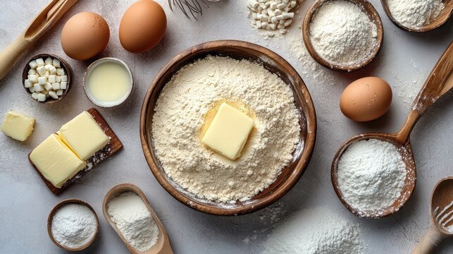 Baking ingredients such as flour sugar eggs vanilla and butter arranged with utensils and bowls on kitchen surfaces capturing the joy and process of homemade baking