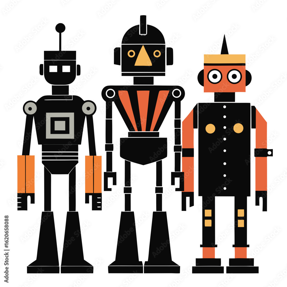 Poster three stylized retro robots standing together in a line