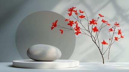 Minimalist scene with a smooth grey stone and vibrant red flowers