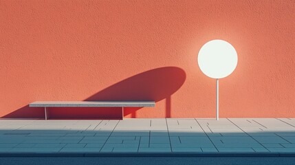 Minimalist urban scene with bench and lamp