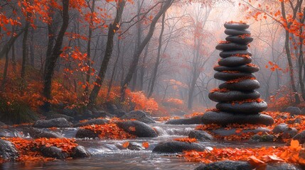 Misty autumn forest, stones, calm