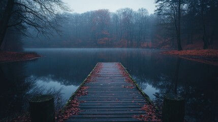 Misty autumnal lake, wooden pier