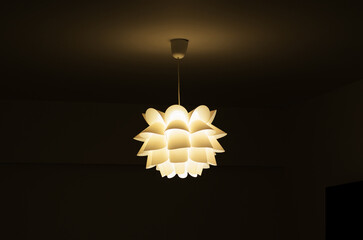 Modern ceiling light with warm ambient glow in a dark interior room