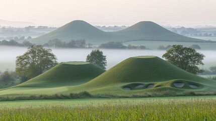 Misty landscape, sculpted hills