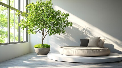 Modern, bright room with circular platform and plant