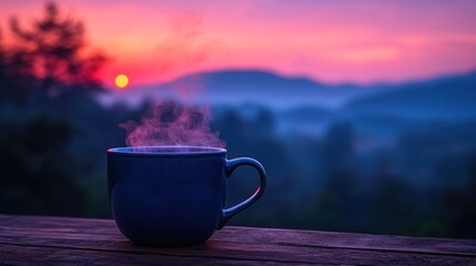 Morning coffee, steaming cup on wooden deck at sunrise