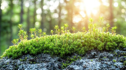 Mossy outcrop with new growth, sunlit forest background